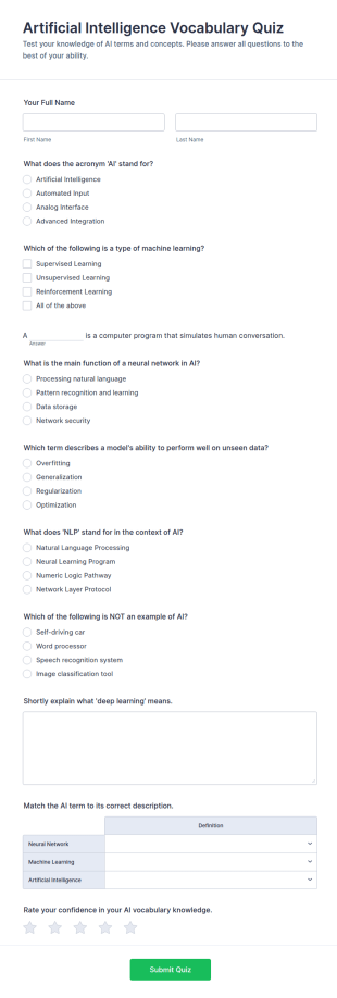 Artificial Intelligence Vocabulary Quiz Form Template