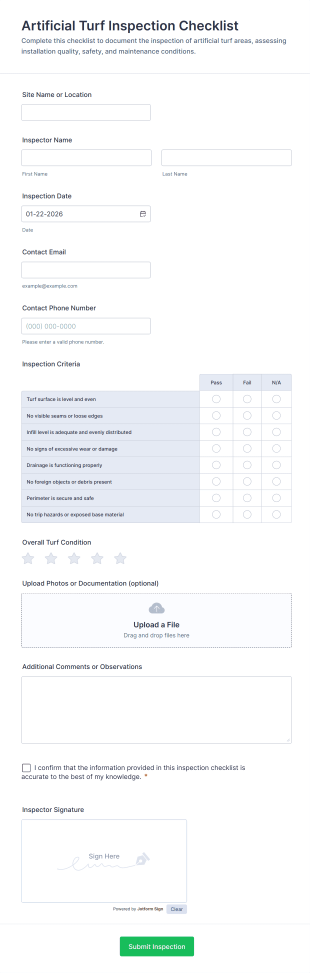 Artificial Turf Inspection Checklist Form Template