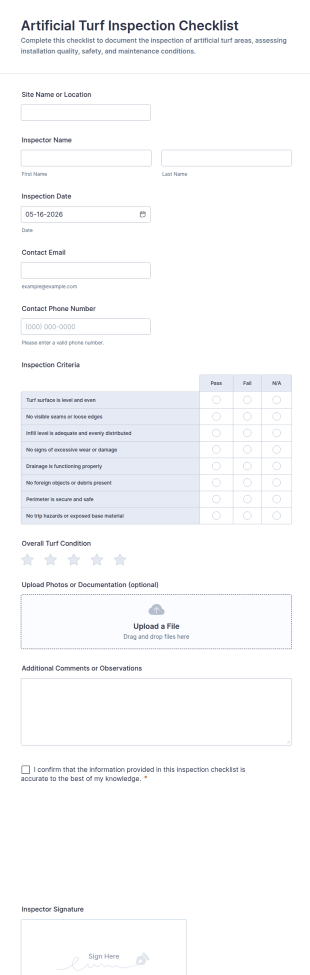 Artificial Turf Inspection Checklist Form Template