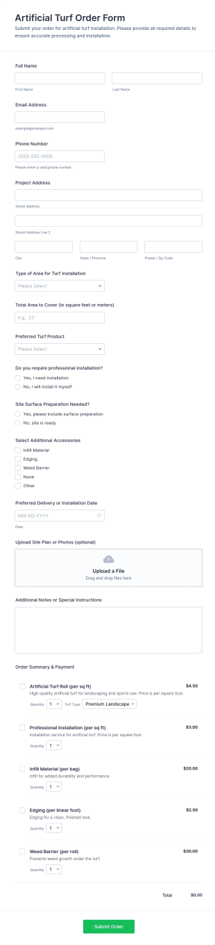 Artificial Turf Order Form Template