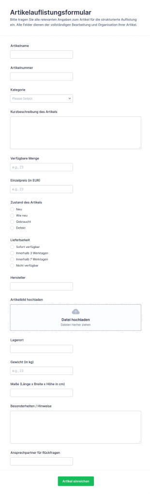 Artikelaufstellung Formular