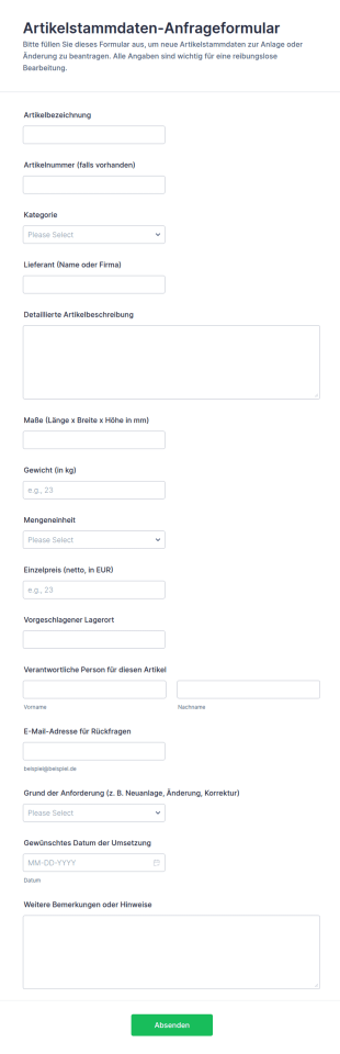 Artikelstammdaten Anfrageformular