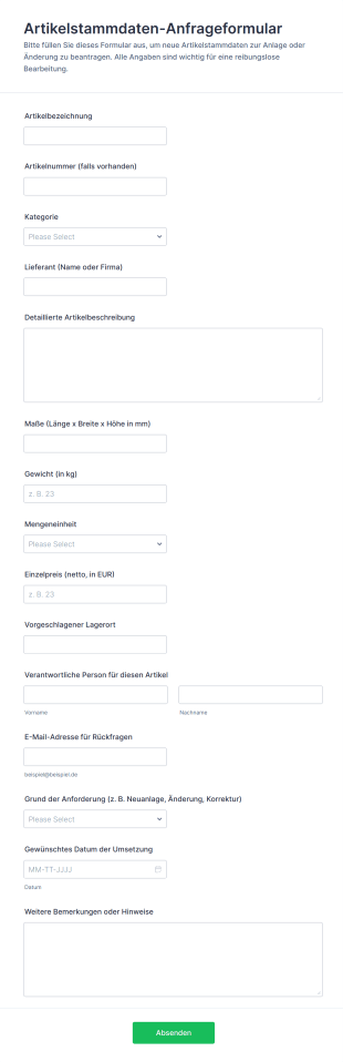 Artikelstammdaten Anfrageformular