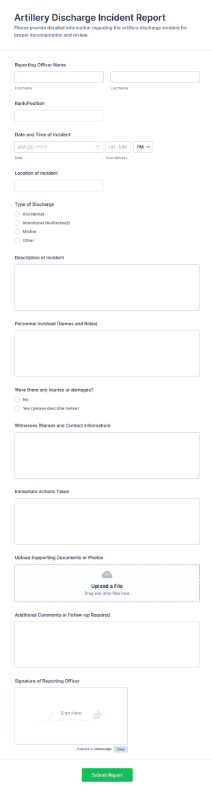 Artillery Discharge Incident Report Form Template