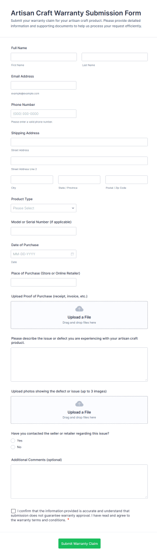 Artisan Craft Warranty Submission Form Template