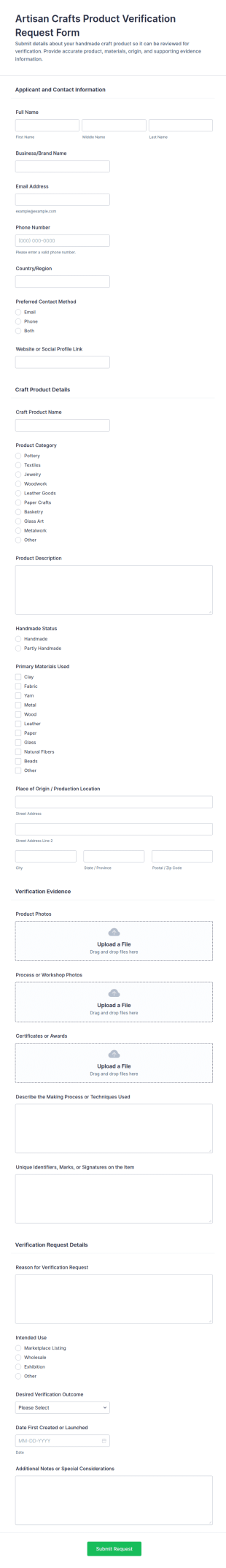 Artisan Crafts Product Verification Request Form Template