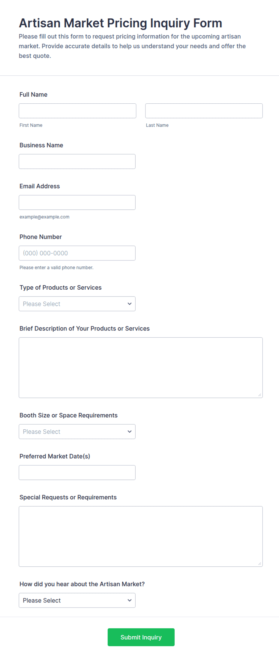 Artisan Market Pricing Inquiry Form Template | Jotform