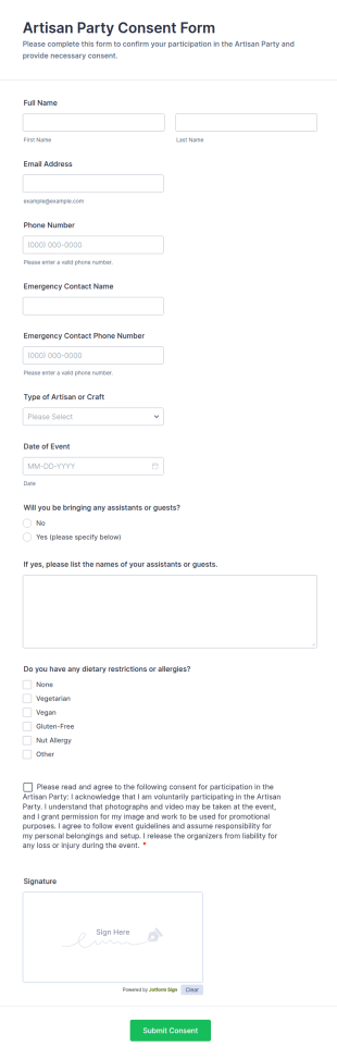 Artisan Party Consent Form Template