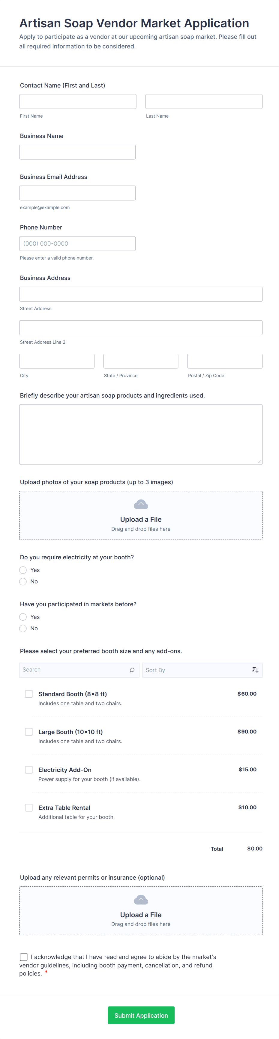 Artisan Soap Vendor Market Application Form Template | Jotform