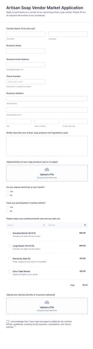 Artisan Soap Vendor Market Application Form Template