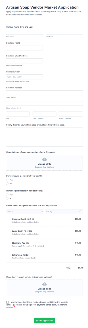Artisan Soap Vendor Market Application Form Template