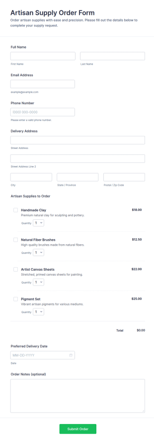 Artisan Supply Order Form Template