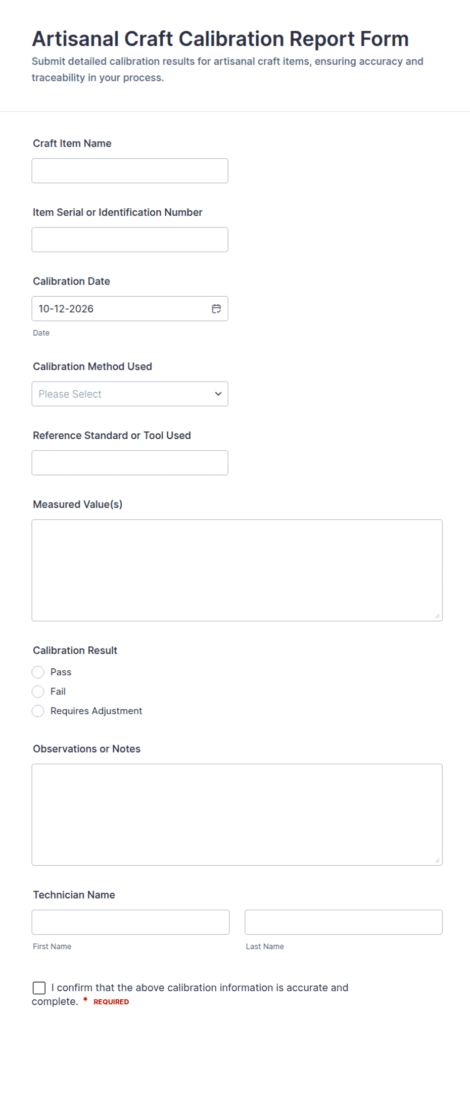 Artisanal Craft Calibration Report Form Template | Jotform
