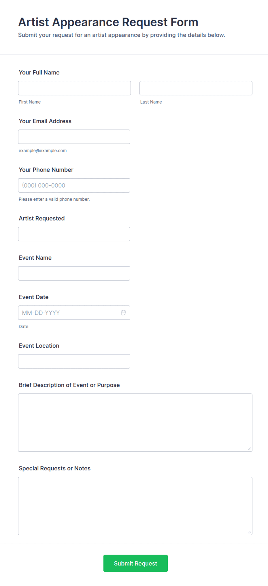 Artist Appearance Request Form Template | Jotform