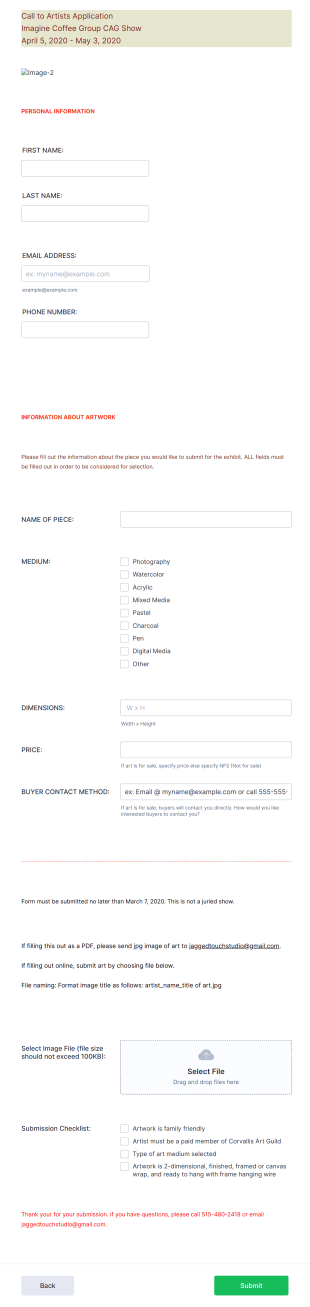 Artist Application Form For Group Member Show Form Template