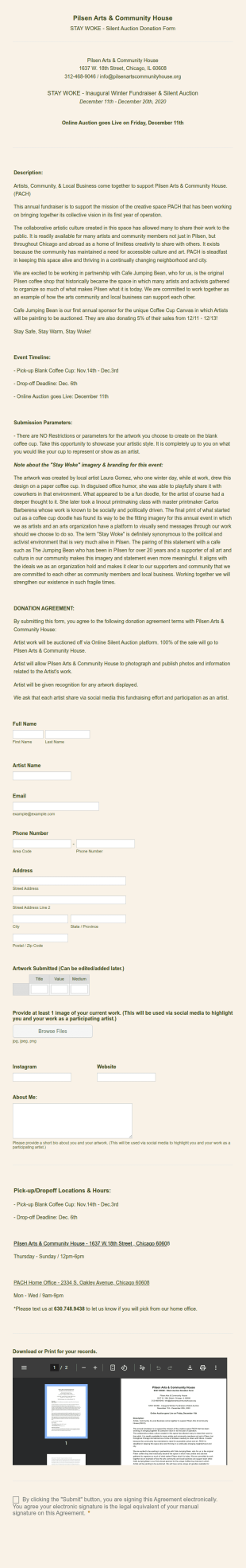 Artist Auction Participation Form Template