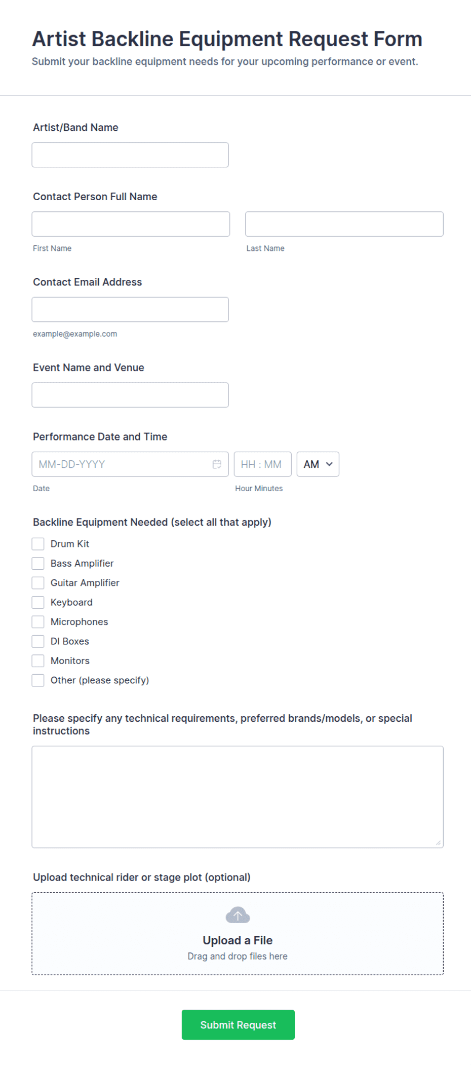 Artist Backline Equipment Request Form Template | Jotform
