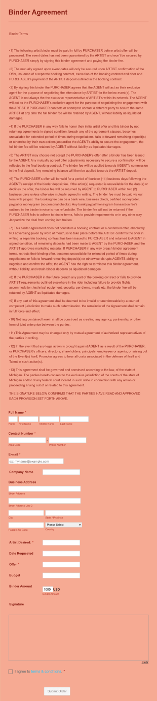 Artist Binder Agreement Form Template