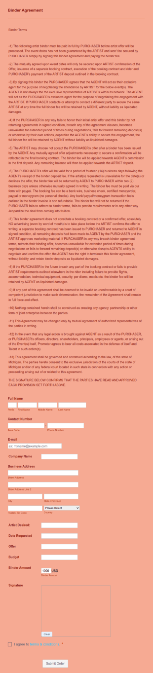 Artist Binder Agreement Form Template