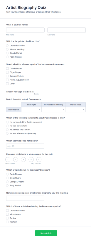 Artist Biography Quiz Form Template