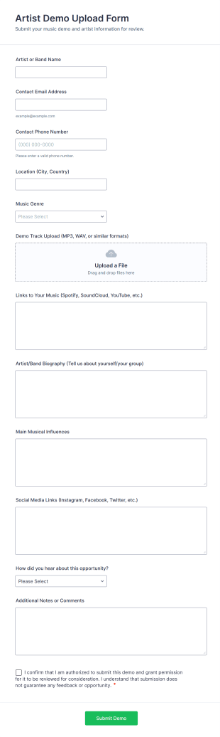 Artist Demo Upload Form Template