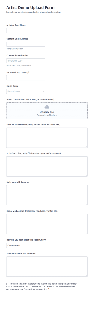 Artist Demo Upload Form Template