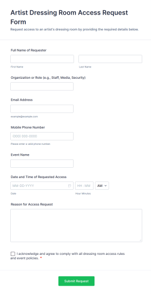 Artist Dressing Room Access Request Form Template
