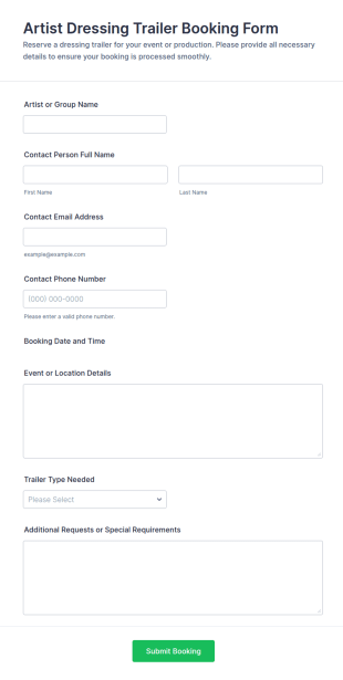 Artist Dressing Trailer Booking Form Template