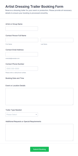 Artist Dressing Trailer Booking Form Template