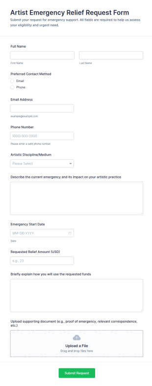 Artist Emergency Relief Request Form Template