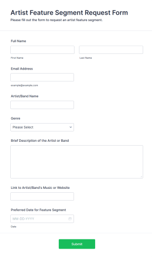 Artist Feature Segment Request Form Form Template