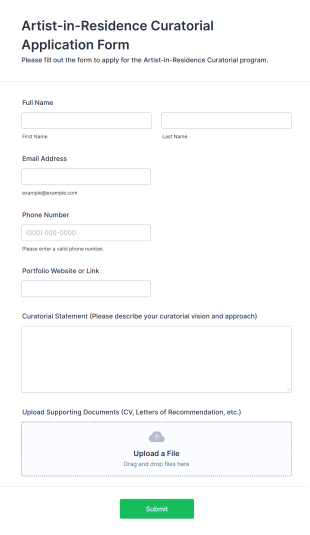 Artist In Residence Curatorial Application Form Template