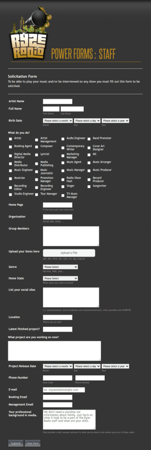 Artist Information Registration Form Template