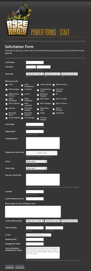 Artist Information Registration Form Template