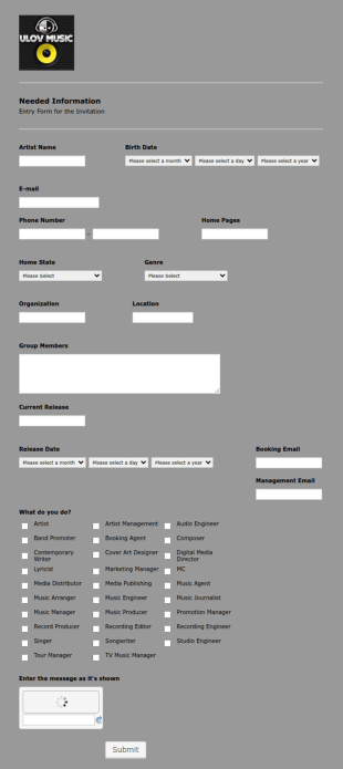 Feature Artist Registration Form Template
