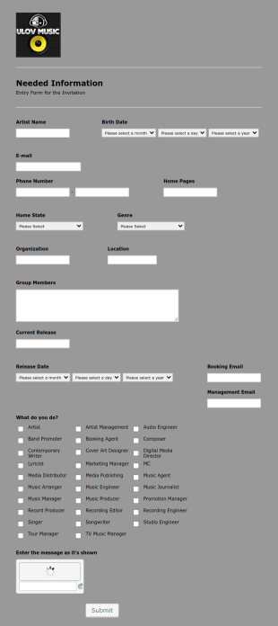 Feature Artist Registration Form Template