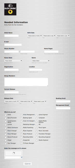 Feature Artist Registration Form Template
