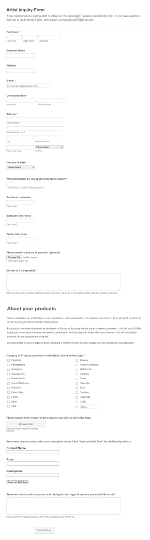 Artist Inquiry Form Template