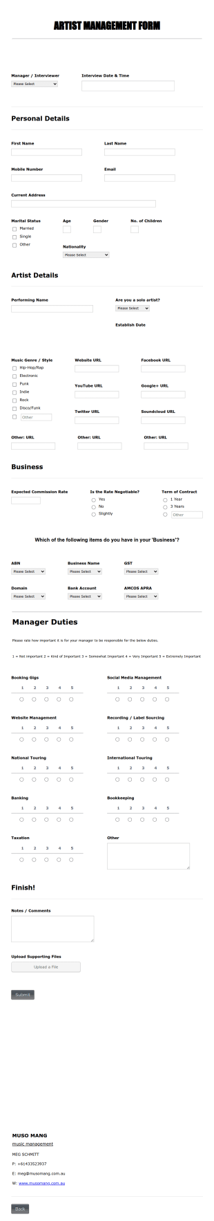 Artist Management Form Template