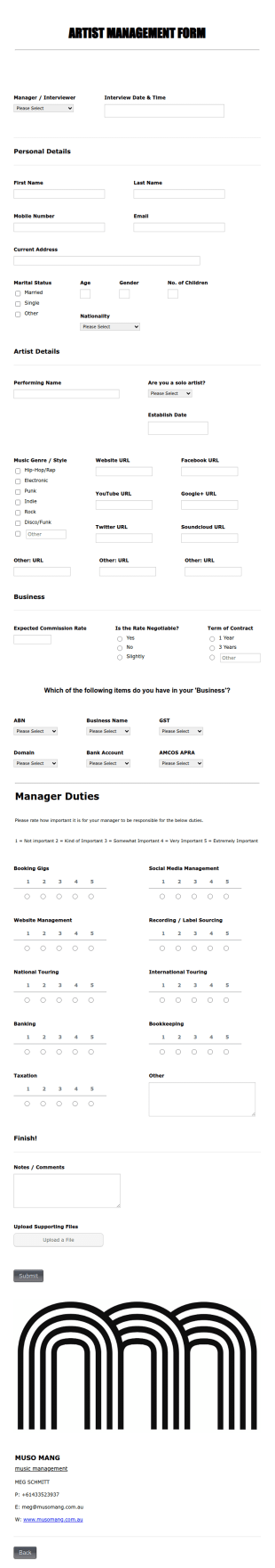 Artist Management Form Template