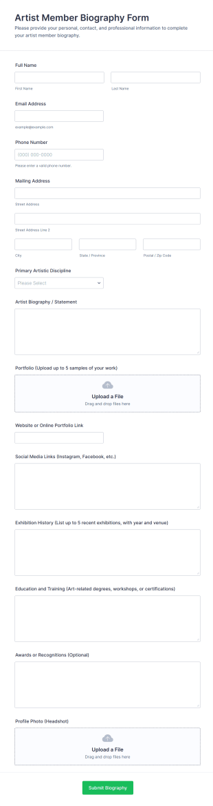 Artist Member Biography Form Template