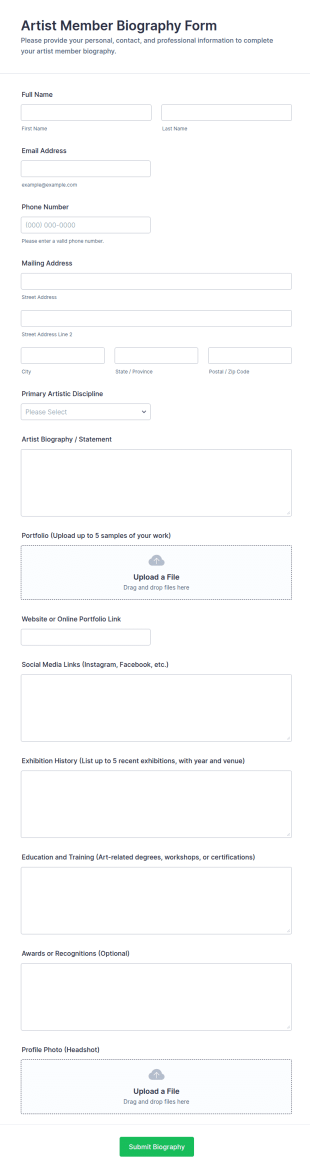 Artist Member Biography Form Template