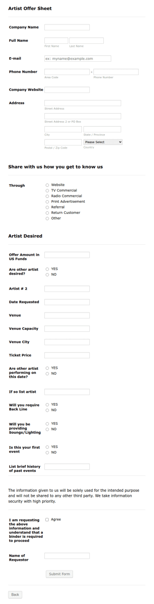 Artist Offer Sheet Form Template