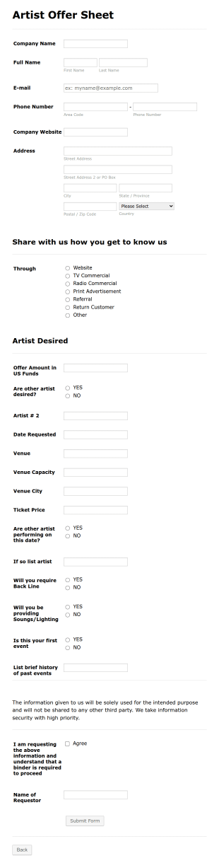 Artist Offer Sheet Form Template
