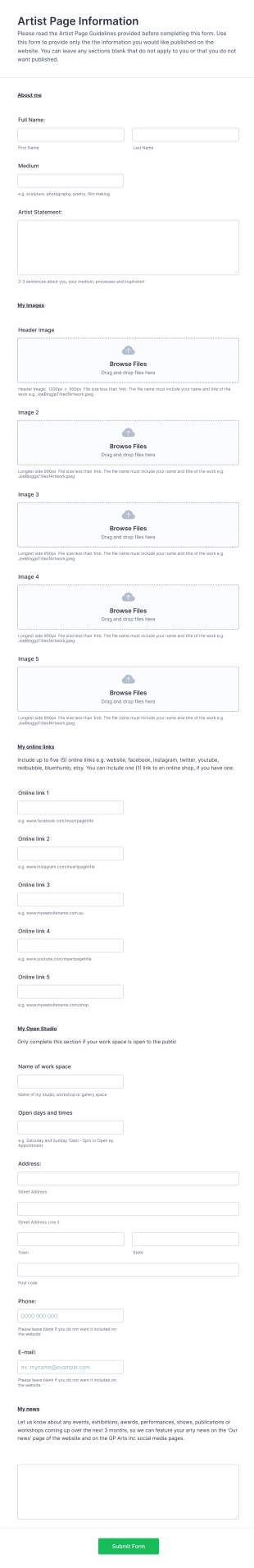 Artist Page Information Form Template