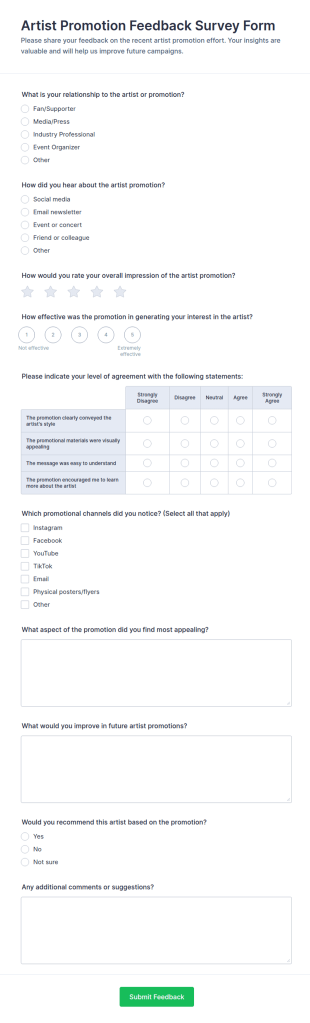 Artist Promotion Feedback Survey Form Template