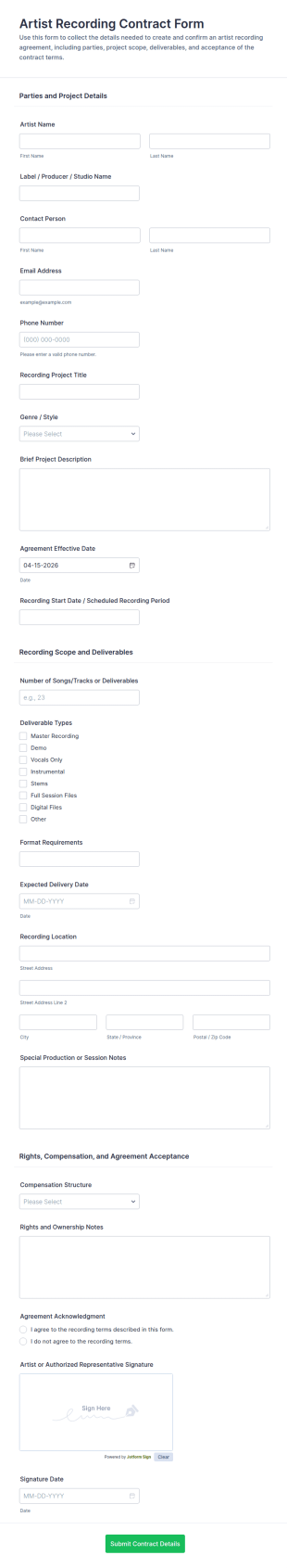 Artist Recording Contract Form Template