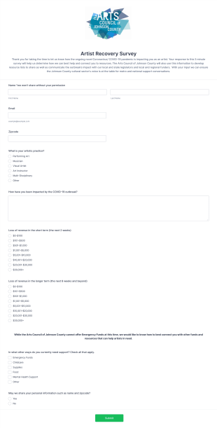 Artist Recovery Survey Form Template
