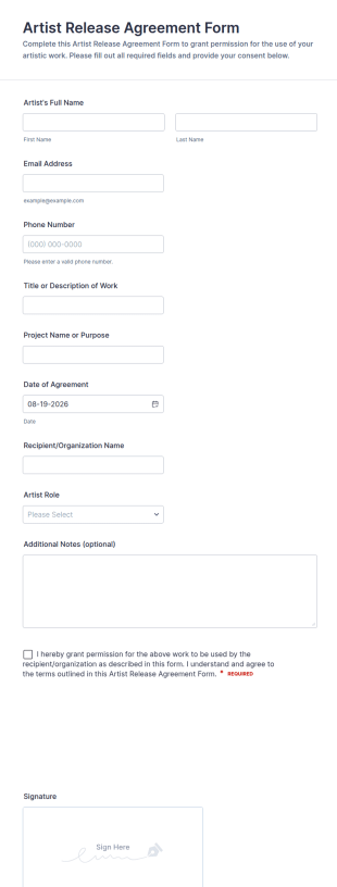 Artist Release Agreement Form Template