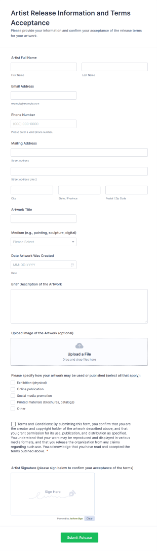 Artist Release Information And Terms Acceptance Form Template